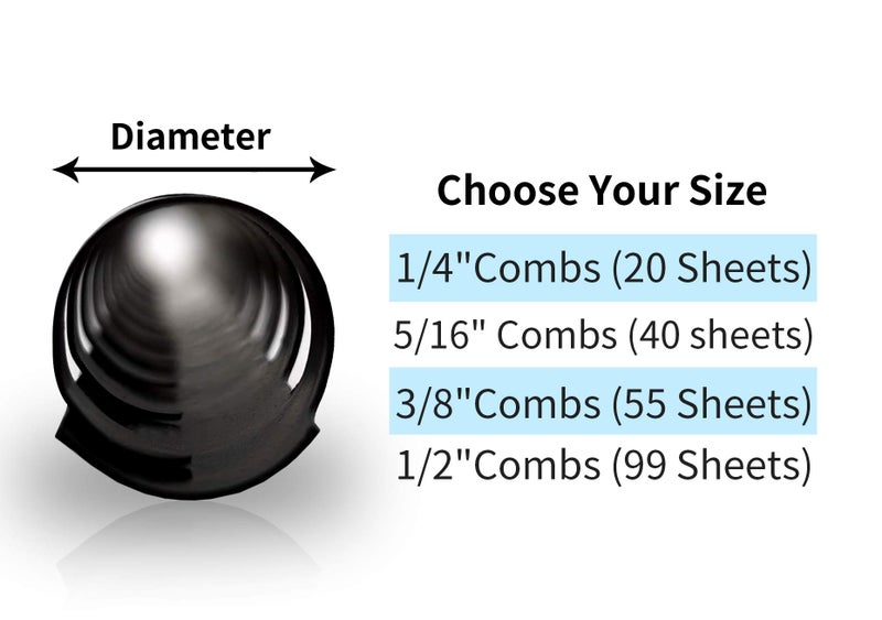 Rayson CR681012-BK Plastic Comb Binding Ring, 1/4in,5/16in,3/8in,1/2in, 19-Ring Letter Size, Black Comb Spines, Multi-Size Pack of 100 - Image 3